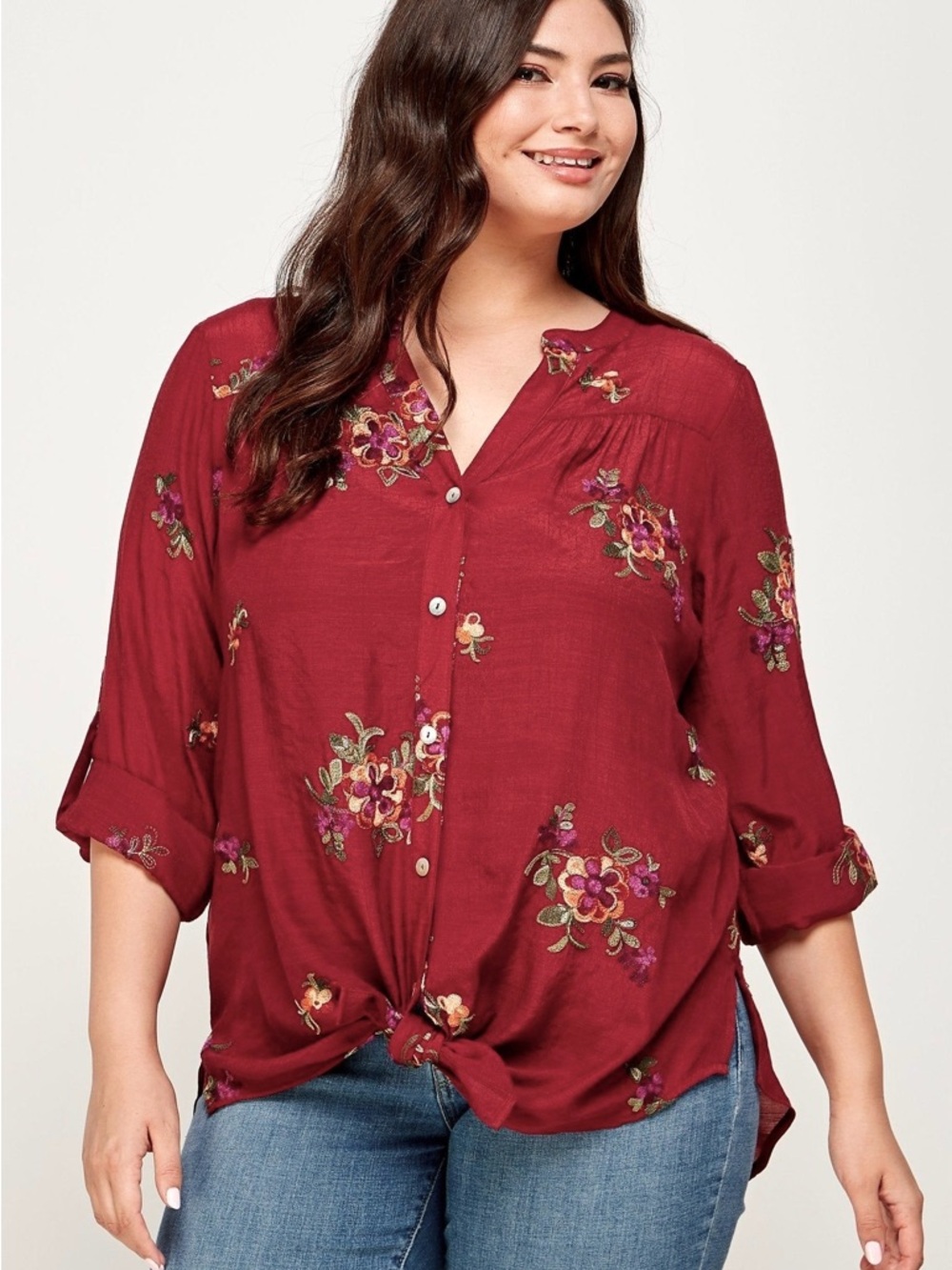 Fig & Flower Embroidered Boho Blouse 1X Rust Red Floral Tunic Top